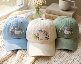 Embroidered Floral Goose Dad Hat, Cottagecore Bird Cap Nature Inspired Animal Lover Fashion Gift