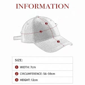 Pode incluir: Diagrama de um bon&eacute; de beisebol com medidas. A largura &eacute; de 7 cm, a circunfer&ecirc;ncia &eacute; de 56-59 cm e a altura &eacute; de 12 cm. A palavra "INFORMATION" est&aacute; na parte superior da imagem.