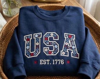 Floral brodé USA Est. Sweat-shirt 1776, t-shirt patriotique Coquette BCBG pour femme, chemises florales américaines
