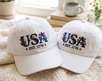 Embroidered Floral USA EST 1776 Baseball Cap, Independence Day Patriotic Hat