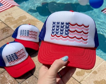 Gorra con lazo y bandera estadounidense bordada, gorra de béisbol patriótica de EE. UU., estilo camionero para el 4 de julio.