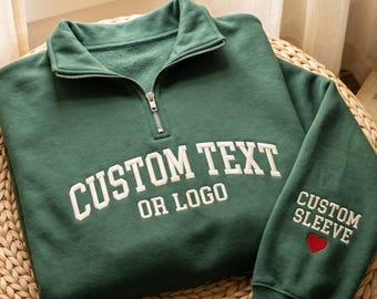 Embroidered Custom Logo Quarter Zip Sweatshirt, Personalized Company Pullover, Business Team Uniform Sweater