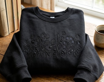 Embroidered Wildflowers Sweatshirt, Blooms Soft Botanical T-Shirt,Cottagecore Boho Botanical Top