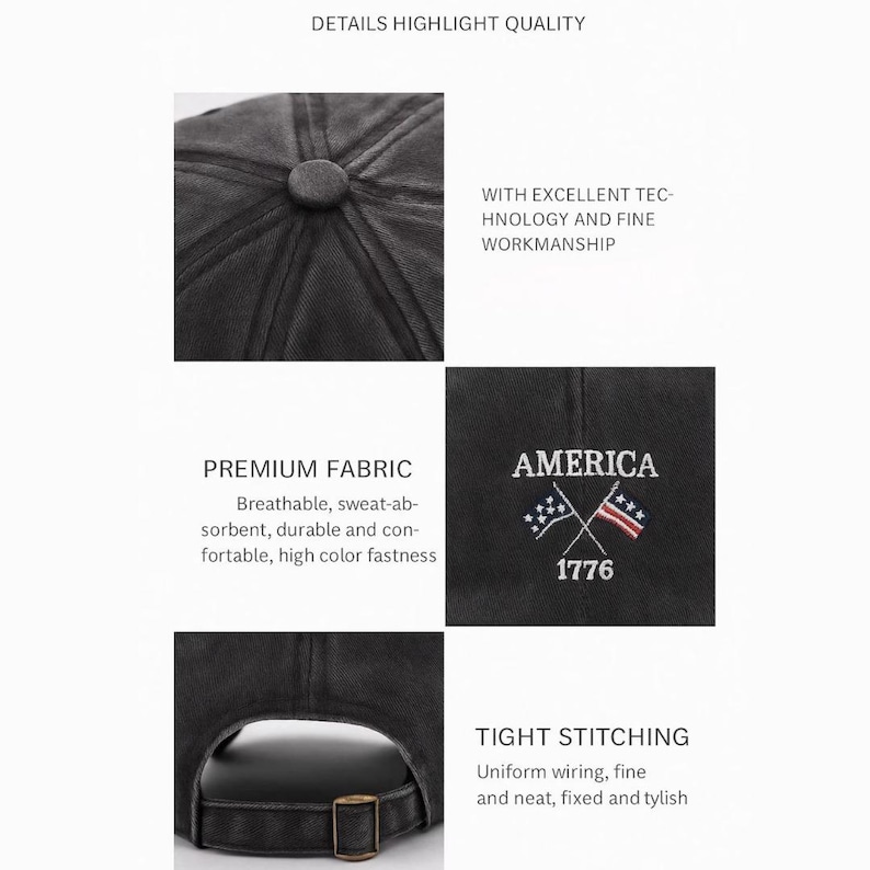 Pode incluir: Bon&eacute; de beisebol preto com a palavra "AMERICA" bordada em branco, juntamente com bandeiras americanas cruzadas e o ano "1776". O bon&eacute; tem uma aba curva, um bot&atilde;o na parte superior e uma al&ccedil;a ajust&aacute;vel. O tecido &eacute; respir&aacute;vel e dur&aacute;vel.