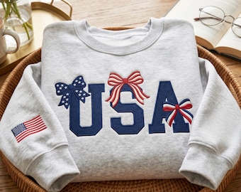 Sudadera con lazo bordado de EE. UU., camiseta patriótica estadounidense Coquette para el 4 de julio, camiseta del Día de los Caídos