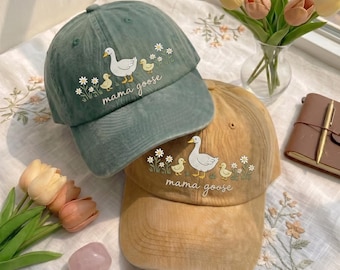 Embroidered Mama Goose Hat, New Mom Cap, Floral Goose Pregnancy Reveal