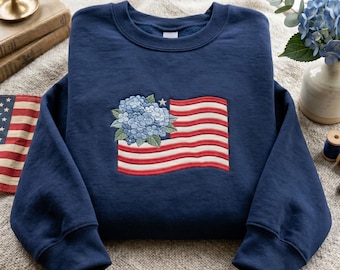 Embroidered Hydrangea 4th of July Sweatshirt, American Flag Shirt Classic USA Shirt Floral Tee