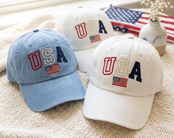Embroidered USA Hat, Vintage Hats, Fourth of July Caps, Patriotic Summer Cap