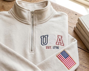 Sweat-shirt zippé sur un quart d'anniversaire des États-Unis brodé, col rond américain pour le jour de l'indépendance, cadeau patriotique