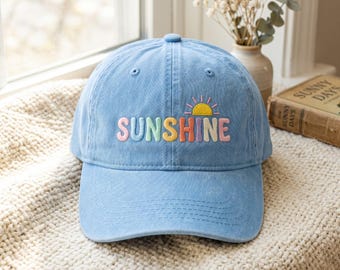 Embroidered Sunshine Hat, Colorful Summer Vacation, Stitched Sun Accessory, Positive Vibe Cap, Vibrant Outdoor