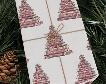 Book Lover Christmas Wrapping Paper, Book Stack Christmas Tree Gift Wrap, Glossy Holiday Wrapping, Reader Gift Wrap, Pink Xmas Packaging