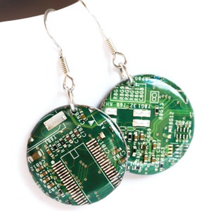 Circuit board earrings Geeky earrings recycled computer round dangle earrings 23 mm, resin image 1