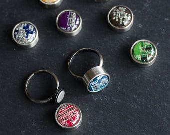 Pierścionek z wymiennymi guzikami, pierścionek z recyklingowanej płytki drukowanej, biżuteria unisex, prezent dla komputerowego nerda