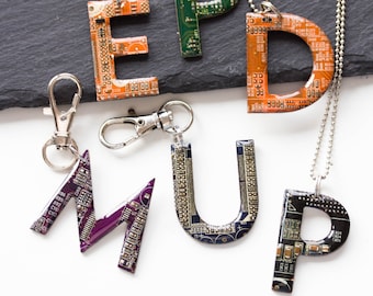 Personalized keychain or necklace - initial made with recycled circuit board