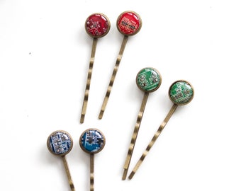 Geeky hair pin, 2pcs - recycled circuit board bobby pin for techie girl