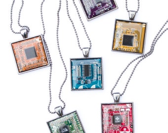 Techie necklace - Circuit board necklace - geeky square necklace - recycled computer motherboard