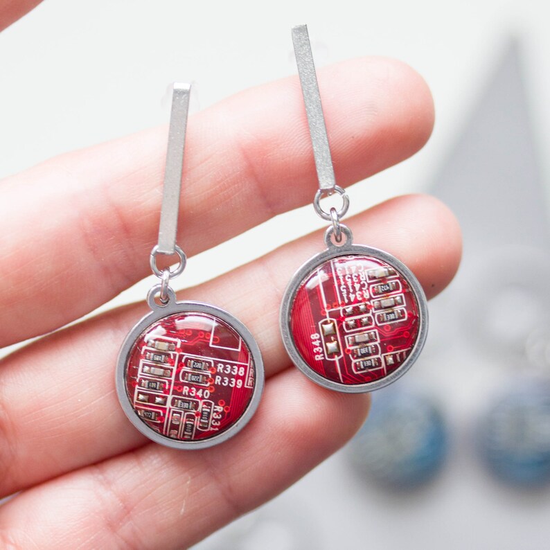 Stud earrings with 15mm round circuit board pendants, steel wires image 2