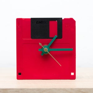 Unique Desk clock - red recycled floppy disk clock, ready to ship c2168