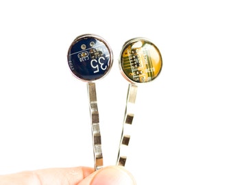 Geeky hair pin, 2pcs - recycled circuit board bobby pin for techie girl