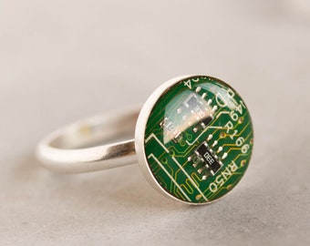 Sterling silver ring with real recycled circuit board piece