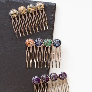 Colorful hair comb with four recycled circuit board pieces, unique hair accessory