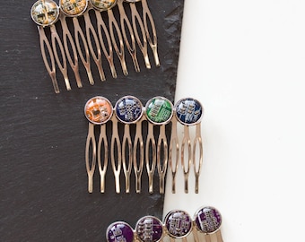 Colorful hair comb with four recycled circuit board pieces, unique hair accessory