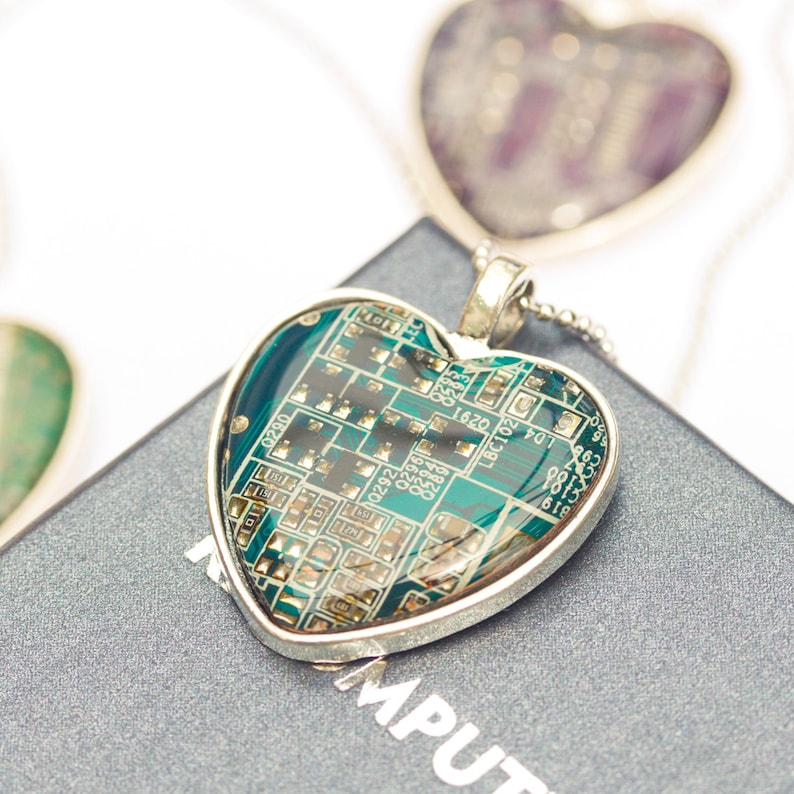 Geeky heart necklace Circuit board necklace recycled recomputing image 1