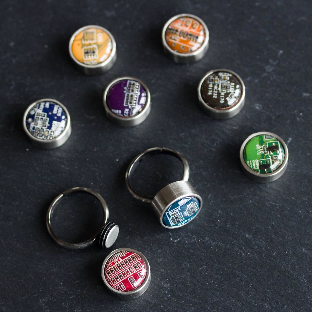 Programmable Button Ring Ring With Interchangeable Buttons, Recycled Circuit Board Ring, Unisex ...