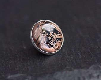 Unique circuit board pin, 18mm copper and black, gift for computer nerd, geeky nerdy pin