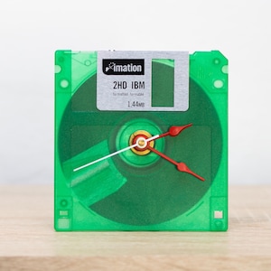 Unique Desk clock - green recycled floppy disk clock, ready to ship