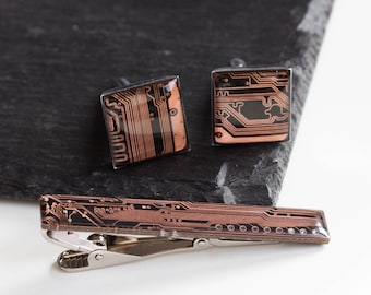 Black and Copper Cufflinks and tie clip set - unique circuit board cufflinks, gift for him, father's gift, modern wedding cuff links