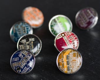 Unique circuit board pin, 18mm silver, recycled computer, gift for computer nerd, geeky nerdy pin