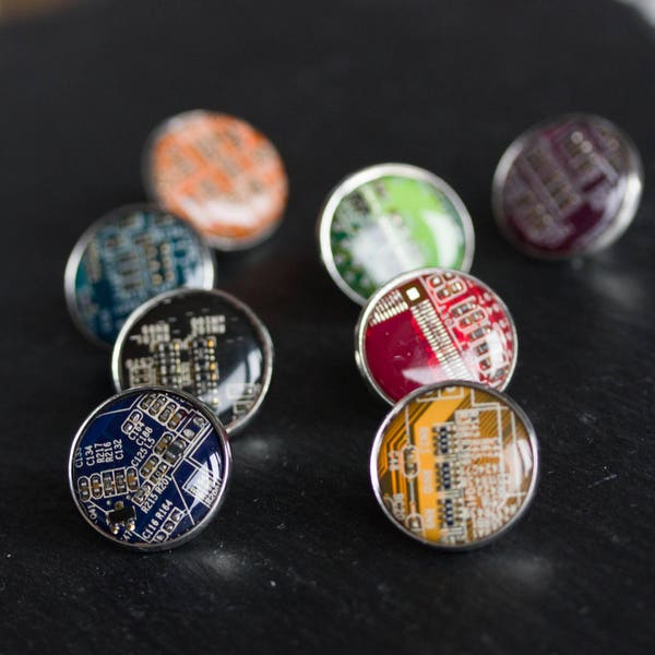 Unique circuit board pin, 18mm silver, recycled computer, gift for computer nerd, geeky nerdy pin