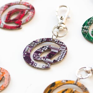 At symbol keychain, recycled circuit board keychain, bag tag, unique gift, urban style, custom color keychain