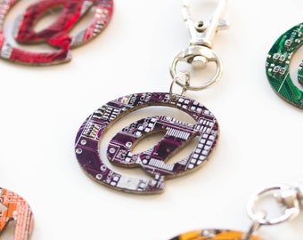 At symbol keychain, recycled circuit board keychain, bag tag, unique gift, urban style, custom color keychain