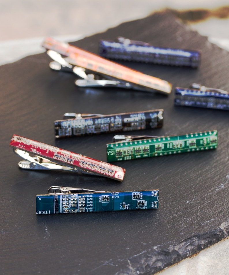 Tie clip, Circuit board Tie bar, groomsmen tie clips, tie holder, gift for husband palladium plated, resin image 1
