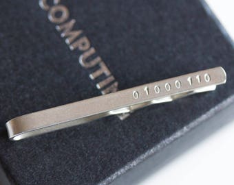 Silver Tie slide with Binary initial, personalized Tie bar, sterling silver tie clip, computer science gift, gift for husband