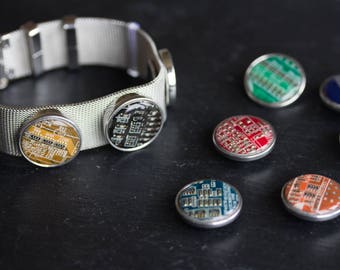 Bracelet with interchangeable circuit board buttons, customizable bracelet, techie girl, gift for her