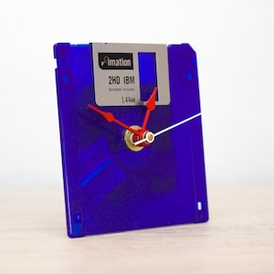 Bright indigo blue recycled floppy disk desk clock, ready to ship