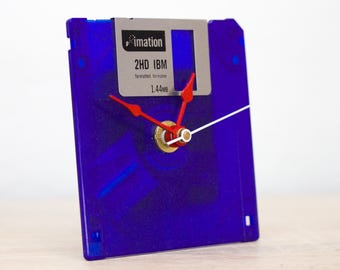 Bright indigo blue recycled floppy disk desk clock, ready to ship