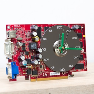 Desk clock, geeky office clock, nerdy gift, Recycled video card clock - red circuit board
