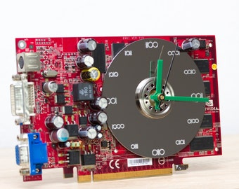 Desk clock, geeky office clock, nerdy gift, Recycled video card clock - red circuit board