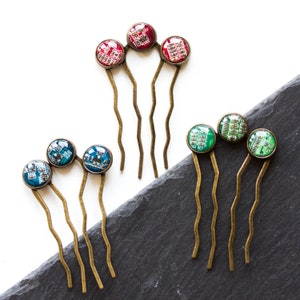 Colorful hair comb with three recycled circuit board pieces, unique hair accessory