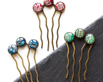 Colorful hair comb with three recycled circuit board pieces, unique hair accessory