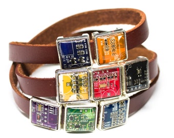 Wrap bracelet - brown, black or red leather, 5 or 8 circuit board beads, unisex bracelet, adjustable length