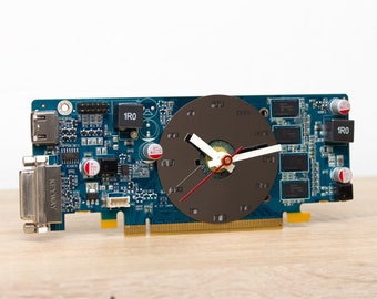 Desk clock - Recycled graphics card clock, unique office clock, slim blue circuit board