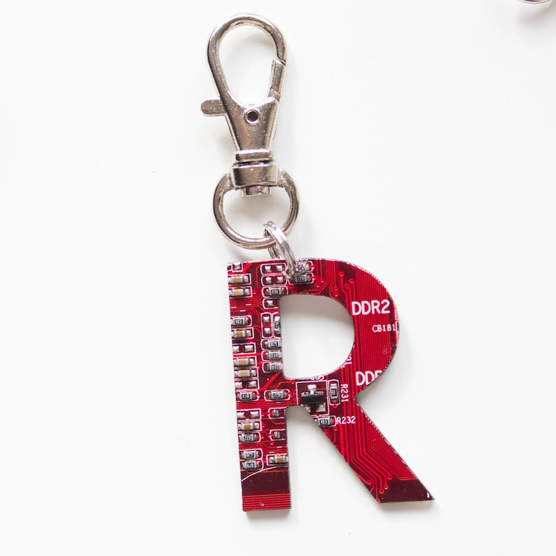 Personalized keychain recycled circuit board keychain, bag tag or zipper tag, unique custom initial gift image 6