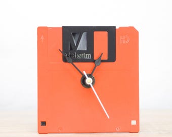 Bright orange recycled floppy disk desk clock, ready to ship
