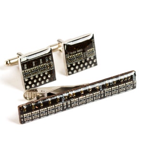 Circuit board Cuff Links and Tie Clip Computer Accessories Set Geeky gift for husband palladium plated, resin image 2