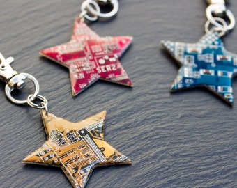 Star keychain - repurposed circuit board keychain, bag tag, unique gift, urban style, custom color keychain